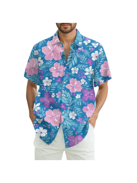 Hawaiian Shirts for Men Short Sleeves Printed Button Down Shirts Summer Beach Mens Shirts Clearance 02-Blue XL
