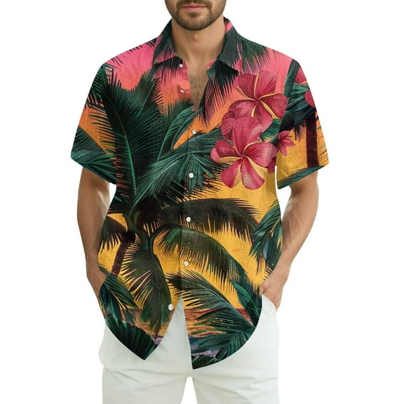 Hawaiian Shirts for Men Short Sleeves Printed Button Down Shirts Summer Beach Mens Shirts Clearance 16-Earthy Yellow L