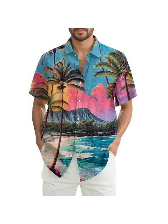 Hawaiian Shirts for Men Short Sleeves Printed Button Down Shirts Summer Beach Mens Shirts Clearance 18-Purple Pink L