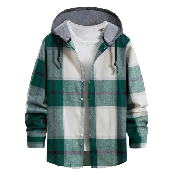 Hawaiian Shirts for Men XL Casual Plaid Print Hooded Collar Long Sleeve Comfortable Breathable Gathering Vacation Green Button Down Tops Sizes XL