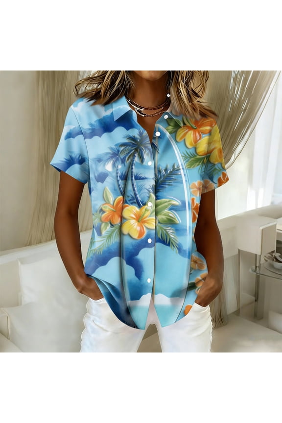 Hawaiian Shirts for Women 2026 Tropical Floral Short Sleeve Button Down Aloha Luau Beach Tops Blue S