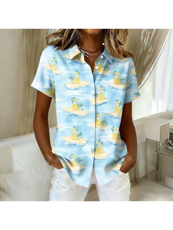 Hawaiian Shirts for Women Tropical Floral Short Sleeve Button Down Aloha Luau Beach Tops Gold S