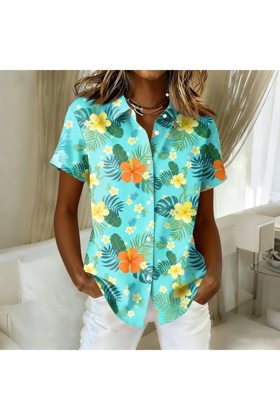 Hawaiian Shirts for Women 2026 Tropical Floral Short Sleeve Button Down Aloha Luau Beach Tops Light Blue S