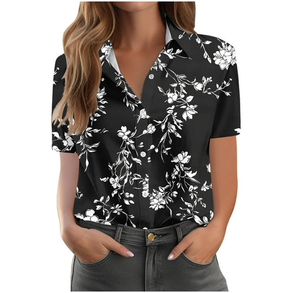 Hawaiian Shirts for Women Casual Print Comfortable Short Sleeved Pocket Button Top Blouse T-Shirt Plus Size