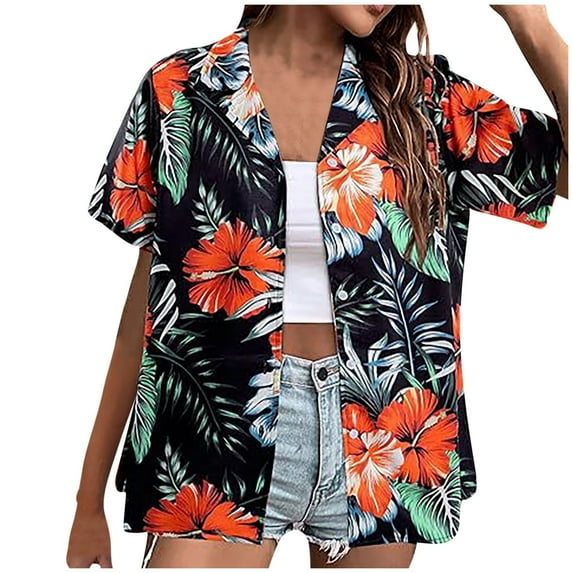 Hawaiian Shirts for Women Hawaiian Button-up Shirt Casual Short Sleeve Floral Tropical Print Summer Shirt