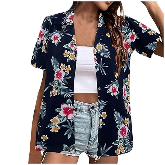 Hawaiian Shirts for Women Hawaiian Button-up Shirt Casual Short Sleeve Floral Tropical Print Summer Shirt