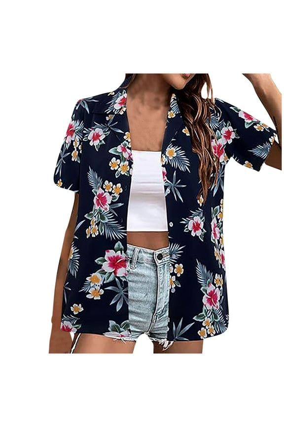 Hawaiian Shirts for Women Hawaiian Button-up Shirt Casual Short Sleeve Floral Tropical Print Summer Shirt