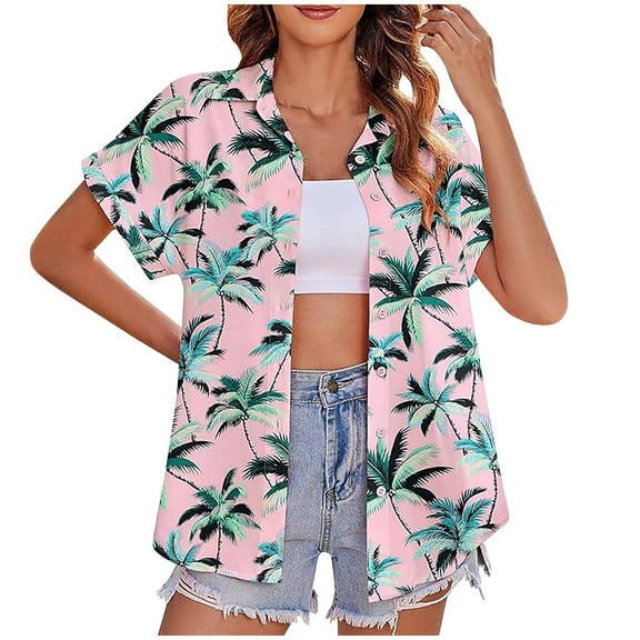 Hawaiian Shirts for Women Hawaiian Button-up Shirt Casual Short Sleeve Floral Tropical Print Summer Shirt
