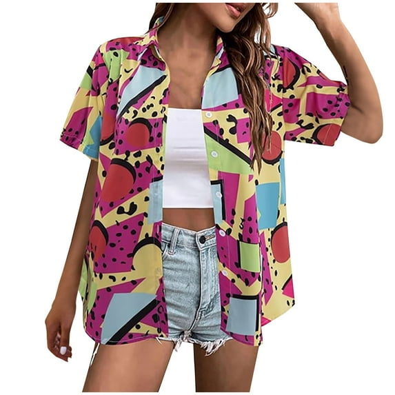 Hawaiian Shirts for Women Hawaiian Button-up Shirt Casual Short Sleeve Floral Tropical Print Summer Shirt