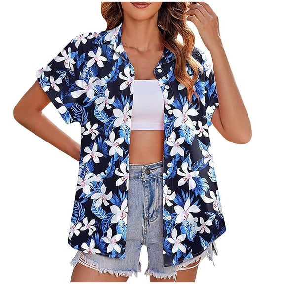 Hawaiian Shirts for Women Hawaiian Button-up Shirt Casual Short Sleeve Floral Tropical Print Summer Shirt