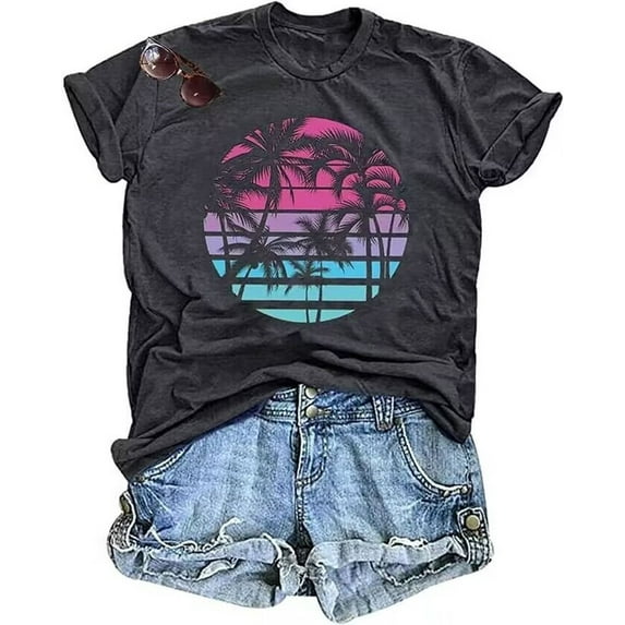 Hawaiian Shirts for Women Palm Trees Print Beach Graphic Tee Tops Summer Vacation Short Sleeve Tshirt Tops