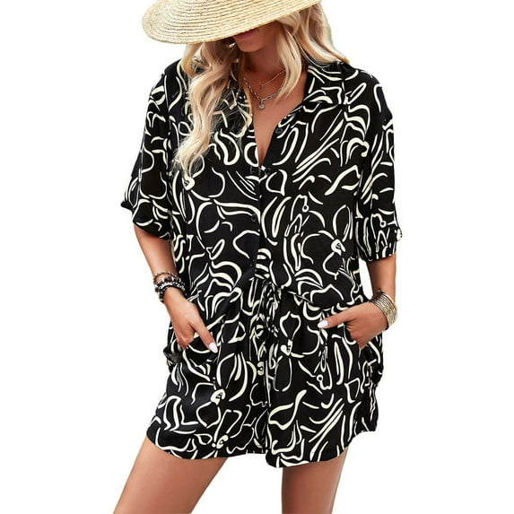 Hawaiian Shirts for Women Summer Beach Shirt Tropical Shirts Womens Hawaii Button Down Short Sleeve Blouses Button Up Tops Black XL