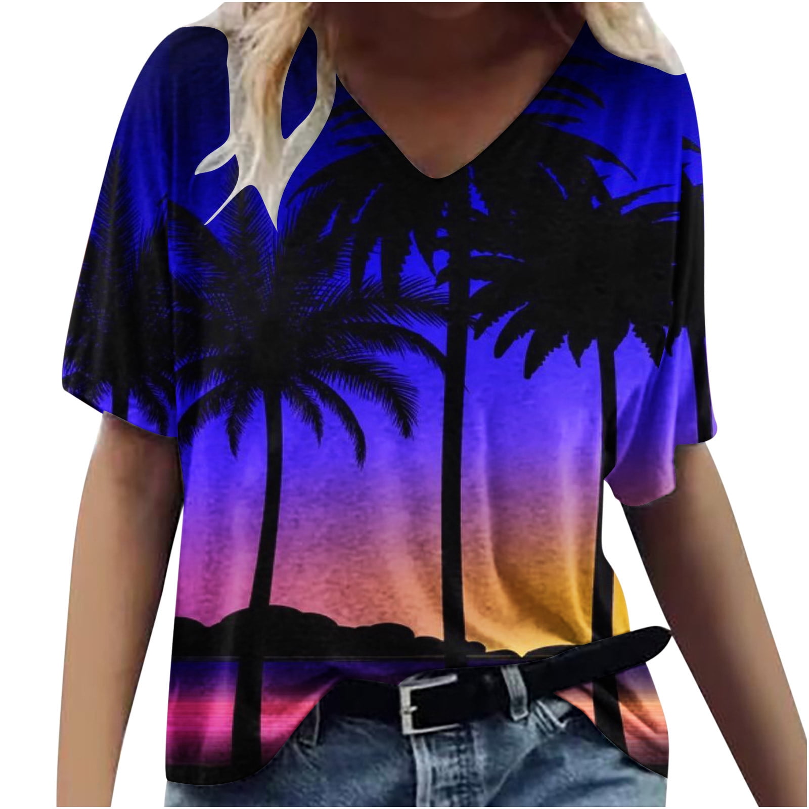 Hawaiian Shirts for Women Summer Tropical Print V Neck Short Sleeve T ...
