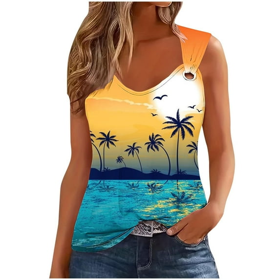 Hawaiian Shirts for Women Sunset Beach Coconut Palm Tank Tops Casual Cami Tank Top Summer Vacation Sleeveless Blouse