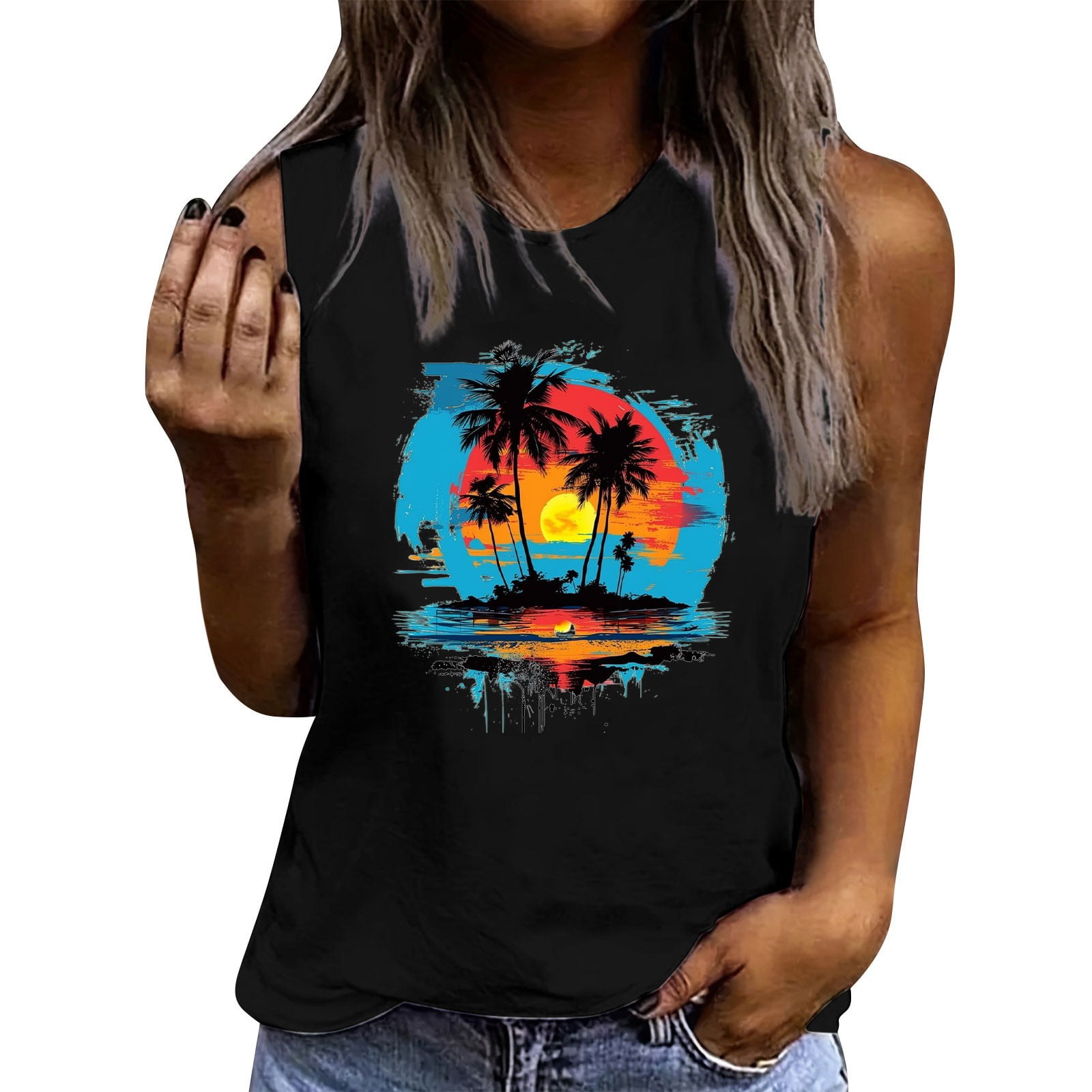 Hawaiian Shirts for Women Sunset Beach Tank Tops Palm Tree Sleeveless ...