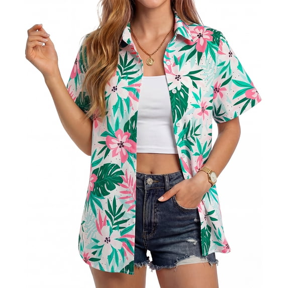 Womens Short Sleeve Shirts Tropical Hawaiian Shirt Casual Summer Beach Button Down Floral Tops