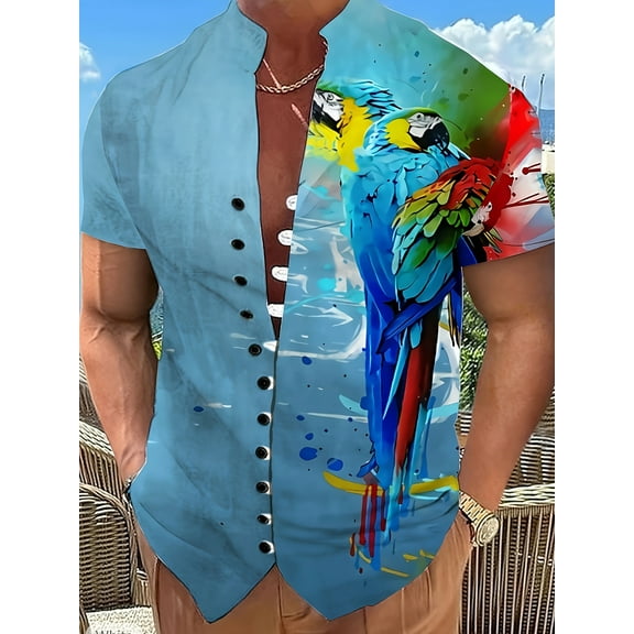 Hawaiian Short Sleeve Button Down Shirts for Men Beach Shirts Vintage Summer Casual Loose Stand Collar Vacation Shirts Blue L