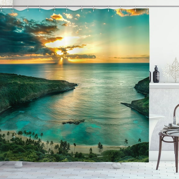 Hawaiian Shower Curtain, Sunrise over Hanauma Bay Oahu Hawaii Sunbeams Through Clouds Shoreline, Fabric Bathroom Set with Hooks, 69W X 70L Inches, Turquoise Green Yellow, by Ambesonne