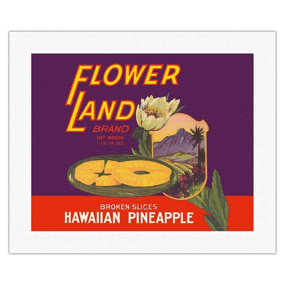 Hawaiian Sliced Pineapple - Flower Land Brand - Vintage Canned Fruit Label c.1929 - Fine Art Rolled Canvas Print (Unframed) 16in x 20in