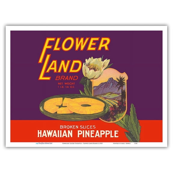 Hawaiian Sliced Pineapple - Flower Land Brand - Vintage Canned Fruit Label c.1929 - Master Art Print (Unframed) 9in x 12in