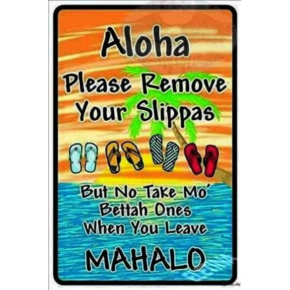 Hawaiian Slippas Sign Aluminum Metal Wall Decor 8x12 Inches Tropical Beach House Entryway Funny Welcome Sign with Palm Tree Design for Home Bar Patio or Office Aloha Mahalo Retro Tin Art Plaque