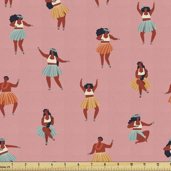 Hawaiian Sofa Upholstery Fabric by the Yard, Girls Dancing Playing Ukulele Music Cartoon Style Traditional Cultural Design, Decorative Fabric for DIY & Home Accents, 5 Yards, Multicolor by Ambesonne