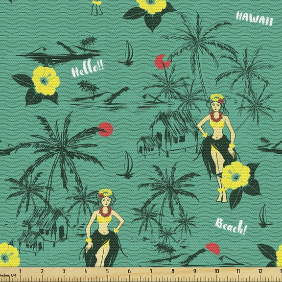 Ambesonne Hawaiian Fabric by the Yard Upholstery, Hula Girls Palms Sailboats, 5 Yards, Dark Seafoam and Multicolor