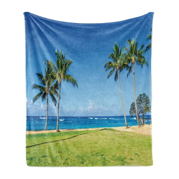 Hawaiian Soft Flannel Fleece Blanket, Coconut Palm Trees and Lawn on the Sandy Poipu Beach in Hawaii Kauai Picture Print, Cozy Plush for Indoor and Outdoor Use, 60" x 80", Blue Green, by Ambesonne