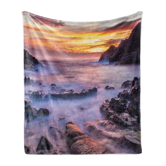Hawaiian Soft Flannel Fleece Blanket, Colorful Sunrise at Halona Cove Eternity Beach Oahu Foggy Coast Seascape, Cozy Plush for Indoor and Outdoor Use, 70" x 90", Yellow Orange Purple, by Ambesonne