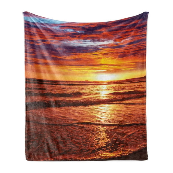Hawaiian Soft Flannel Fleece Blanket, Dramatic Picture of Sunset over Beach Sun Rays Reflection on Sea Evening View, Cozy Plush for Indoor and Outdoor Use, 60" x 80", Yellow Orange, by Ambesonne