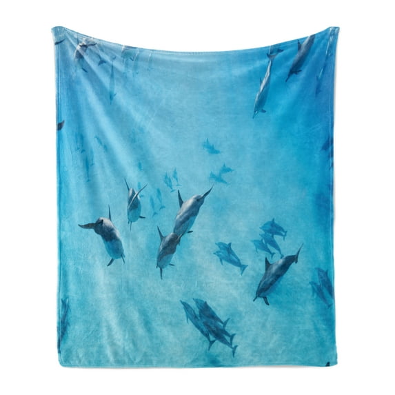 Hawaiian Soft Flannel Fleece Blanket, Group of Dolphins in Hawaii Wildlife Underwater Animals Tropical Aquatic Nature Picture, Cozy Plush for Indoor and Outdoor Use, 60" x 80", Blue, by Ambesonne