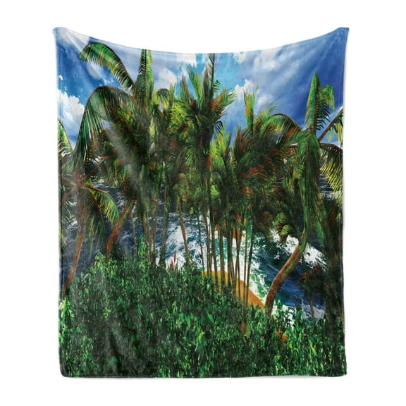 Hawaiian Soft Flannel Fleece Blanket, Hawaii Island Palm Trees Forest Greenery Cloudy Summer Sky Sunlight Seascape, Cozy Plush for Indoor and Outdoor Use, 50" x 70", Green Blue Brown, by Ambesonne