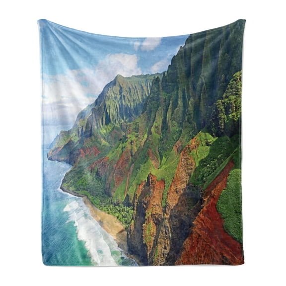 Hawaiian Soft Flannel Fleece Blanket, Na Pali Coast Kauai Hawaii Seashore Greenery Adventurous Journey Landscape, Cozy Plush for Indoor and Outdoor Use, 50" x 70", Green Redwood Blue, by Ambesonne