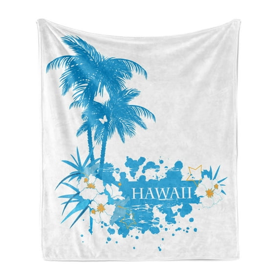 Hawaiian Soft Flannel Fleece Blanket, Palm Trees Tropical Plants Flowers and Butterflies Silhouette Monochrome Artwork, Cozy Plush for Indoor and Outdoor Use, 50" x 70", Aqua White, by Ambesonne