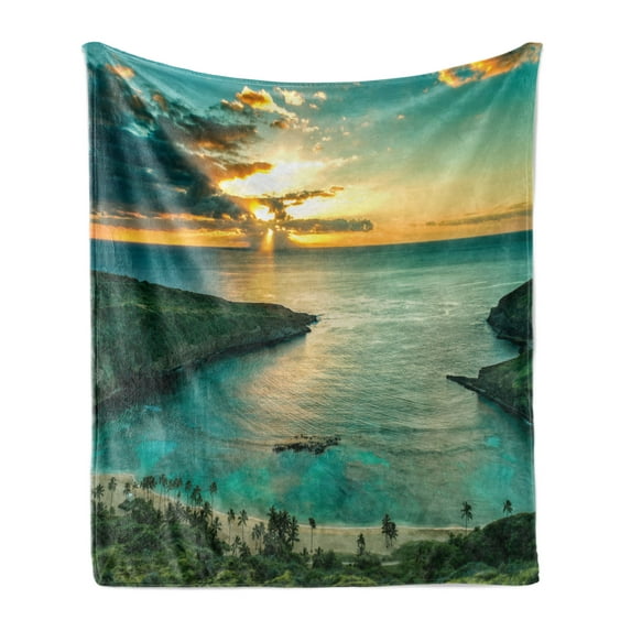 Hawaiian Soft Flannel Fleece Blanket, Sunrise over Hanauma Bay Oahu Hawaii Sunbeams Through Clouds Shoreline, Cozy Plush for Indoor and Outdoor Use, 50" x 60", Turquoise Green Yellow, by Ambesonne