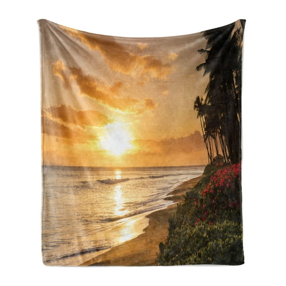 Hawaiian Soft Flannel Fleece Blanket, Warm Tropical Sunset on Sands of Kaanapali Beach in Maui Hawaii Traveling, Cozy Plush for Indoor and Outdoor Use, 50" x 60", Orange Green Pink, by Ambesonne