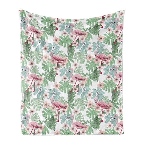 Hawaiian Soft Flannel Fleece Throw Blanket, Graphics of Flamingos and Various Island Leaves, Cozy Plush for Indoor and Outdoor Use, 50" x 60", Multicolor, by Ambesonne