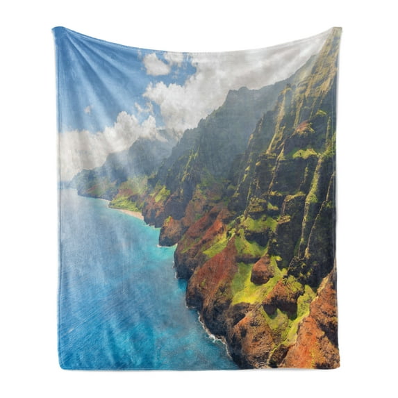 Hawaiian Soft Flannel Fleece Throw Blanket, Na Pali Coast on Kauai Island Water Sunshines Foggy Cloudscape Panorama, Cozy Plush for Indoor and Outdoor Use, 60" x 80", Blue Green Brown, by Ambesonne