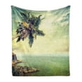 thumbnail image 1 of Hawaiian Soft Flannel Fleece Throw Blanket, Palm Tree Rocky Shore Caribbean Mist Traveling Resort Scenic, Cozy Plush for Indoor and Outdoor Use, 70" x 90", Almond Green Pale Yellow, by Ambesonne, 1 of 5