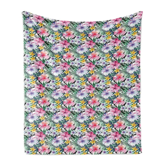 Hawaiian Soft Flannel Fleece Throw Blanket, Tropic Hibiscus Plumeria and Banana Palm Leaves Hand Drawn Watercolor Artwork, Cozy Plush for Indoor and Outdoor Use, 50" x 70", Multicolor, by Ambesonne