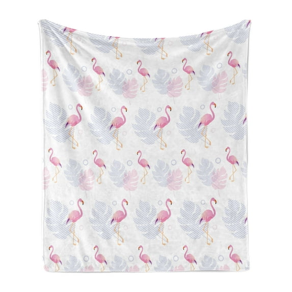 Hawaiian Soft Flannel Fleece Throw Blanket, Tropical Pattern Image of Continuous Flamingos and Leaves Art, Cozy Plush for Indoor and Outdoor Use, 50" x 60", White Pastel Purple and Pink, by Ambesonne