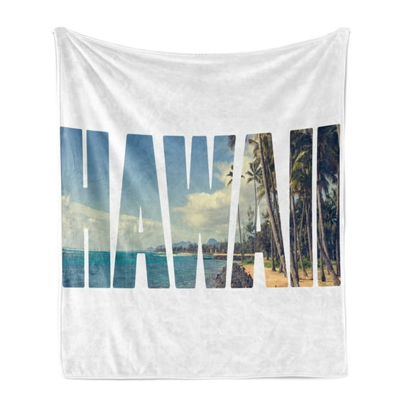 Hawaiian Soft Flannel Fleece Throw Blanket, Word Hawaii Tropical Island Photo Exotic Popular Places Palm Forest by Ocean, Cozy Plush for Indoor and Outdoor Use, 70" x 90", Blue Green, by Ambesonne