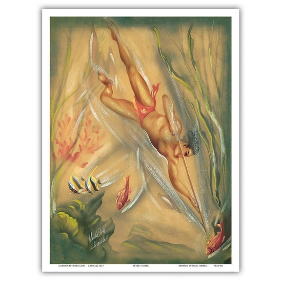 Hawaiian Spear Fisherman (Lawaiʻa) - Vintage Hawaiian Airbrush Art by Ted Mundorff c.1940s - Master Art Print (Unframed) 9in x 12in