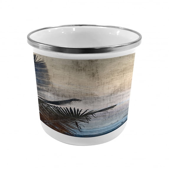 Hawaiian Steel Camping Mug, Palm Tree Leaves on Grunge Background with Sea Vintage Waterscape Illustration, Printed Thermal Cup for Camping and Outdoor Activities, by Ambesonne