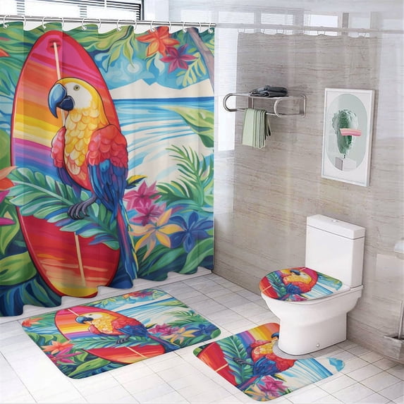 Hawaiian Style 4 Piece Shower Curtain Sets, with Non-Slip Rugs, Toilet Lid Cover And Bath Mat, for Bathroom Decor Set