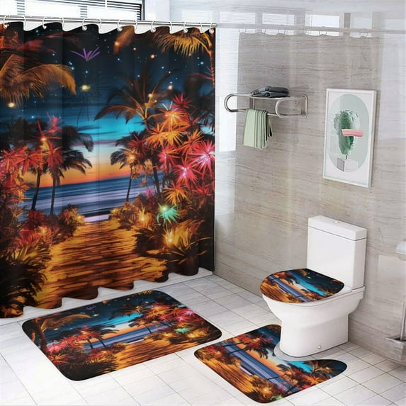 Hawaiian Style 4 Piece Shower Curtain Sets, with Non-Slip Rugs, Toilet Lid Cover And Bath Mat, for Bathroom Decor Set