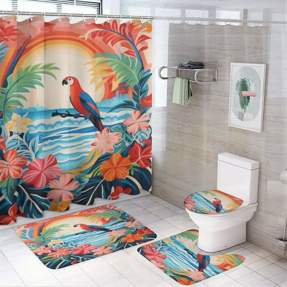 Hawaiian Style Bathroom Sets with Shower Curtain And Rugs, Incl with 12 Hooks,Toilet Lid Oval Rug