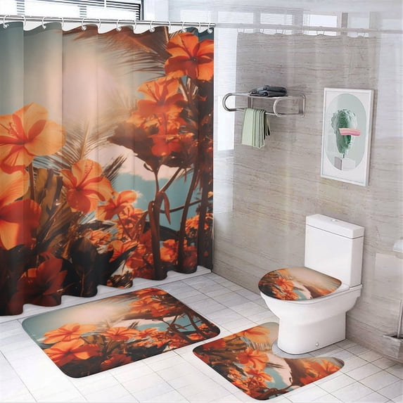 Hawaiian Style Bathroom Sets with Shower Curtain And Rugs, Incl with 12 Hooks,Toilet Lid Oval Rug