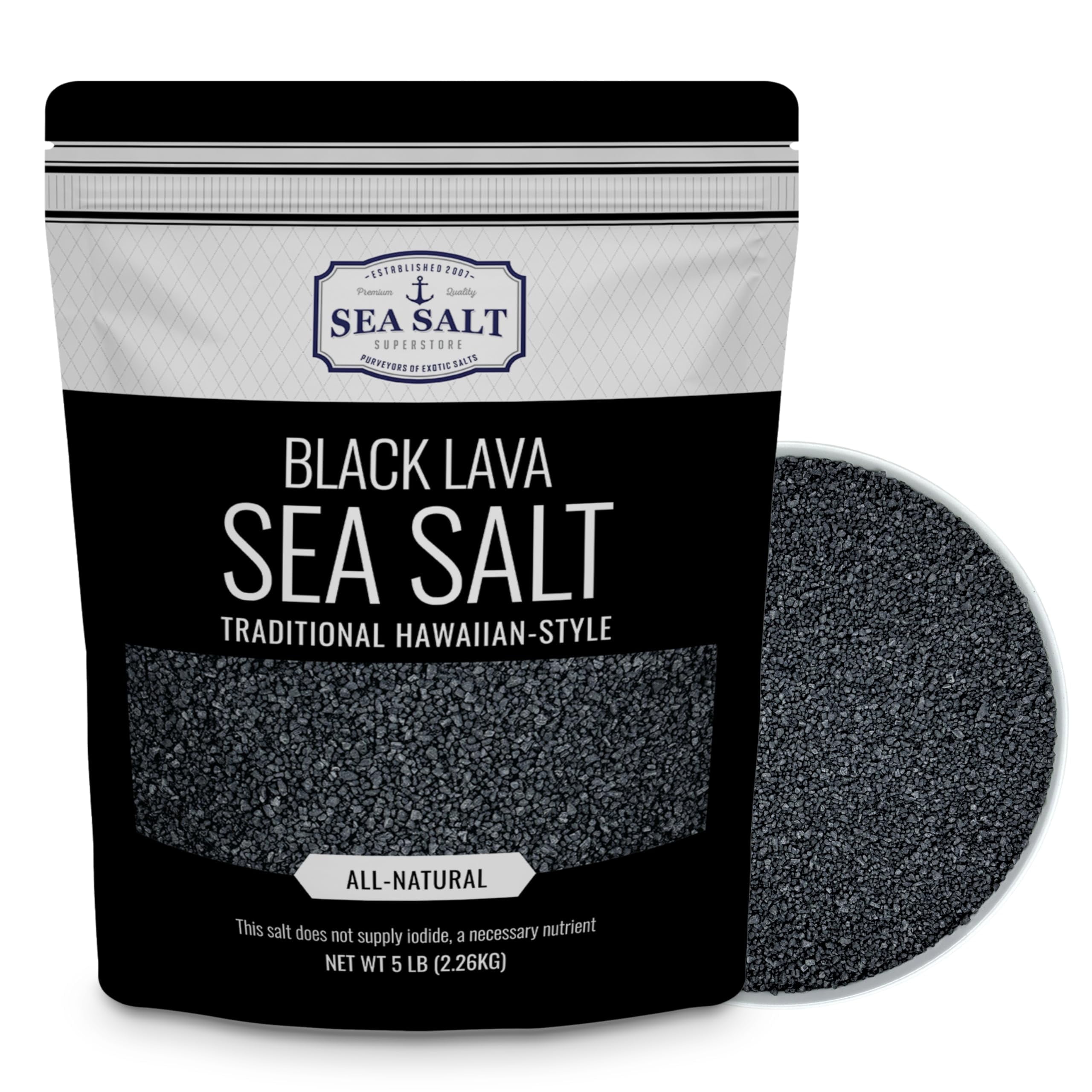 Hawaiian-Style Black Lava Sea Salt for Cooking & Finishing, Black Sea Salt with Activated Charcoal, 5 LB Pouch