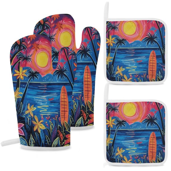 Hawaiian Style Insulated Gloves And Pot Mats (four Piece Set)